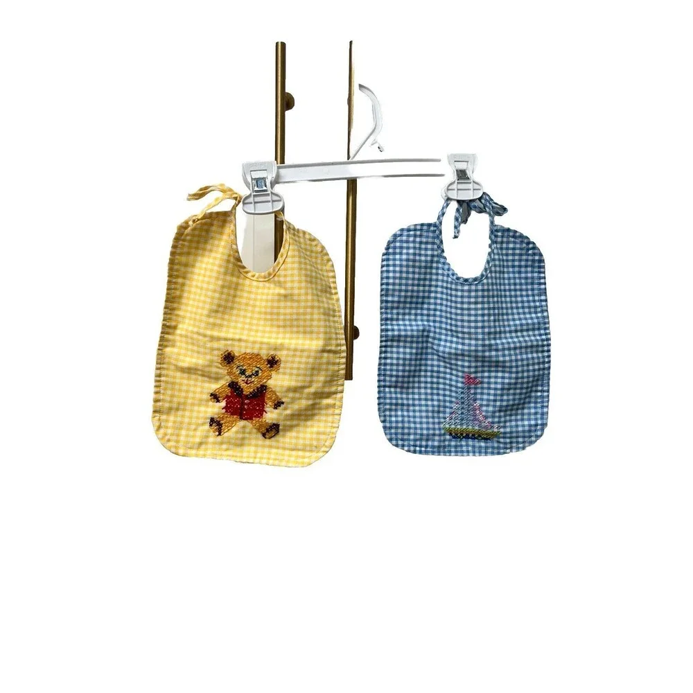 Vtg Pair Hand Cross-Stitched Baby Bibs Quilted Infant Toddler Gingham Boat Bear